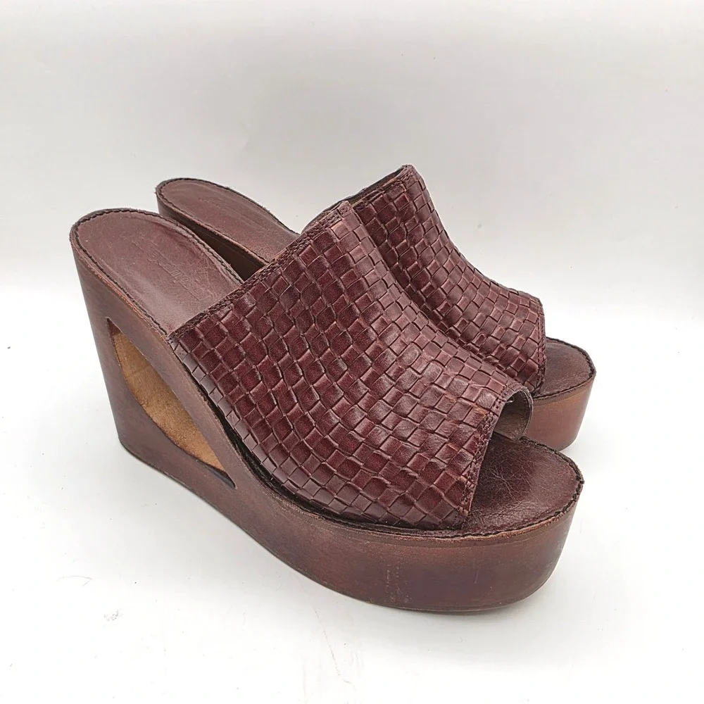 Jeffrey Campbell Comeback Woven Leather Platform Wedge Mules Cognac Brown 10M